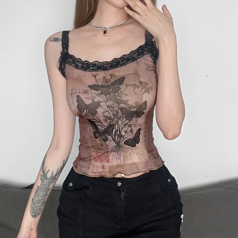 Y2K Brown Vintage Lace Trim Summer Camis Tops Butterfly Flowers Print Mini Crop Top Women Cute 2000s Aesthetic Frills