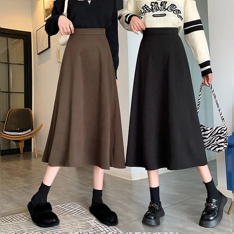 Korean Version Women's Black Temperament Vacation Woolen Long Skirt Autumn Winter Brown High Waist Pleated Skirts Fashion Simple