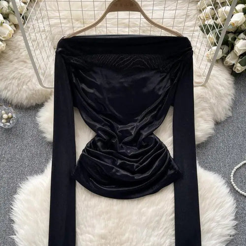 Load image into Gallery viewer, Solid Sexy Off Shoulder Long Sleeve Bright Pleated Tops Women's Autumn 2023 New Elegant Slim Versatile Bottom Shirt Trend Simple
