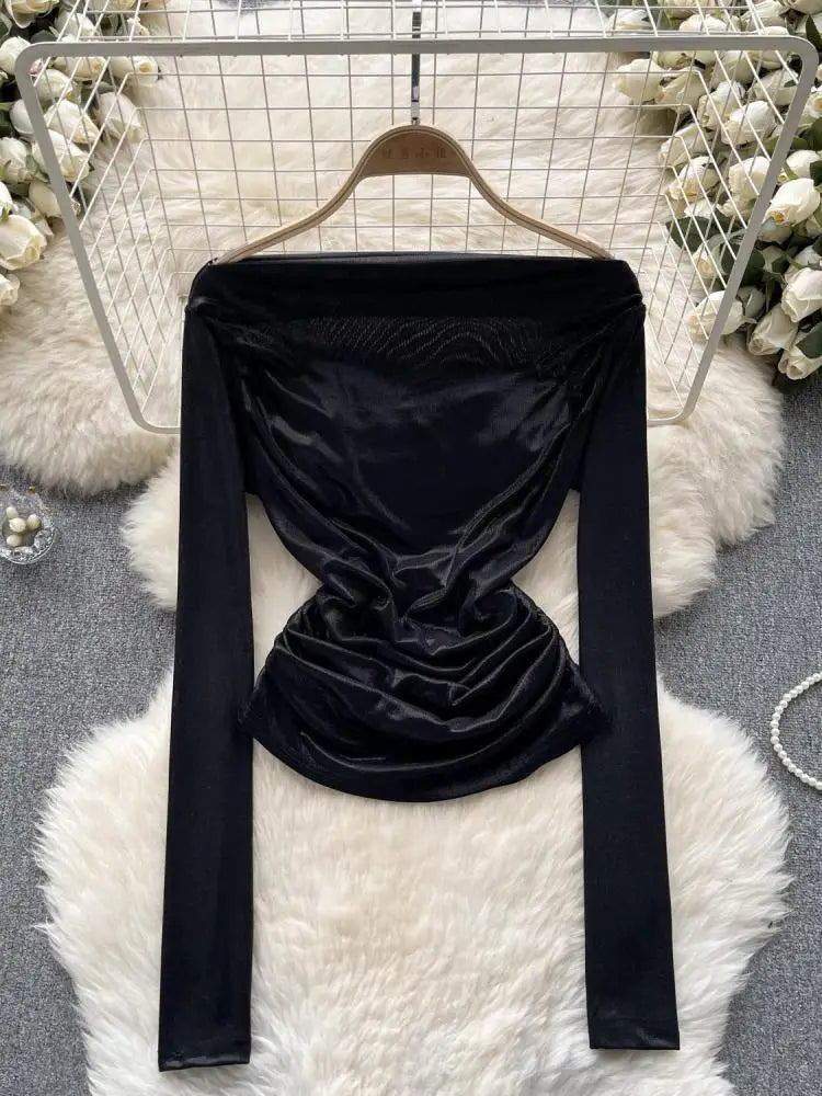 Solid Sexy Off Shoulder Long Sleeve Bright Pleated Tops Women's Autumn 2023 New Elegant Slim Versatile Bottom Shirt Trend Simple