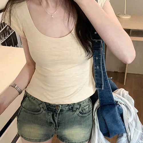 Load image into Gallery viewer, Slim Fit Low round Neck Short Sleeve Pink T-Shirt Spring Summer New Style Fashion Women's Top Thin Material Fly Sleeve Base Shir
