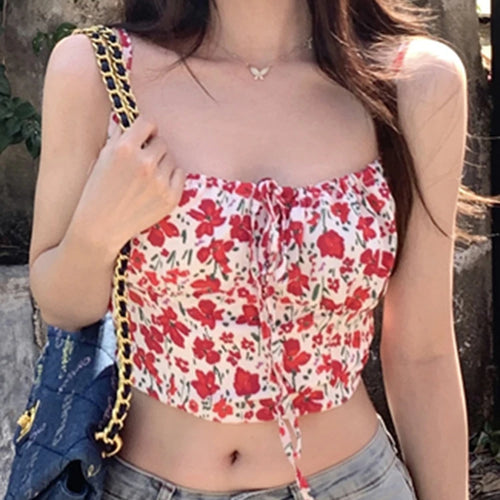 Load image into Gallery viewer, Sexy Strapless Floral Fashion Female Camis High Street Sleeveless Lace-up Bow Slim Slight Stretch Women&#39;s Camis Y2k Top
