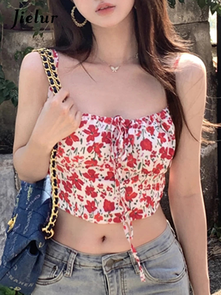 Sexy Strapless Floral Fashion Female Camis High Street Sleeveless Lace-up Bow Slim Slight Stretch Women's Camis Y2k Top