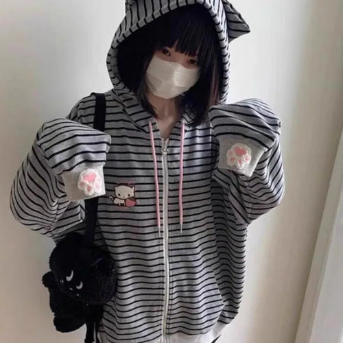 Load image into Gallery viewer, Streetwear Hoodies Women's Clothing Cute Cat Embroidered Ear Hooded Sweatshirts Coat 2024 Ropa Mujer Casual Fashion Y2k Hoodie
