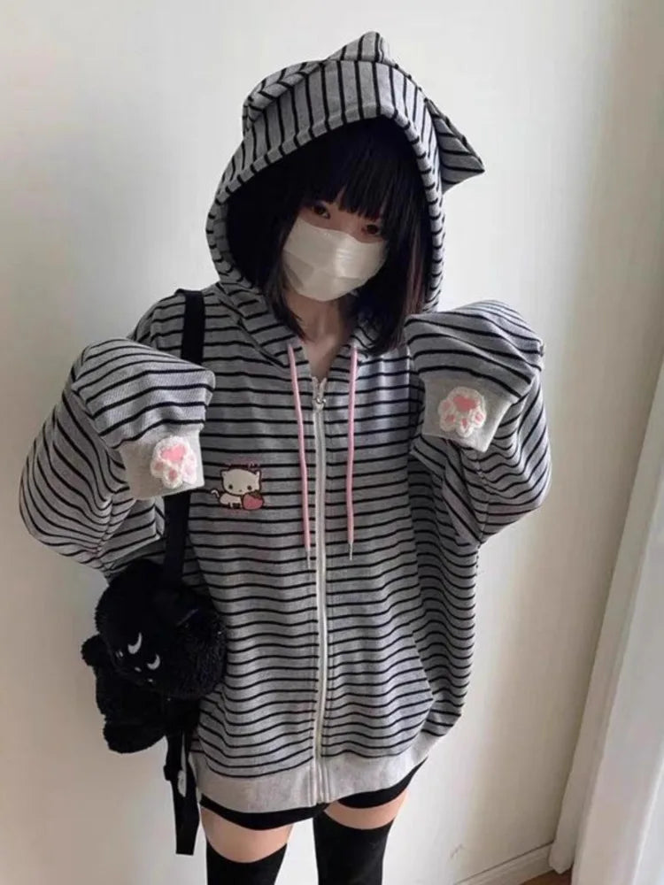 Streetwear Hoodies Women's Clothing Cute Cat Embroidered Ear Hooded Sweatshirts Coat 2024 Ropa Mujer Casual Fashion Y2k Hoodie