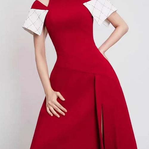 Load image into Gallery viewer, Hollow Out Hit Color Elegant Dresses For Women Round Neck Off The Shoulder Sleeve High Waist Temperament Long Dress Female
