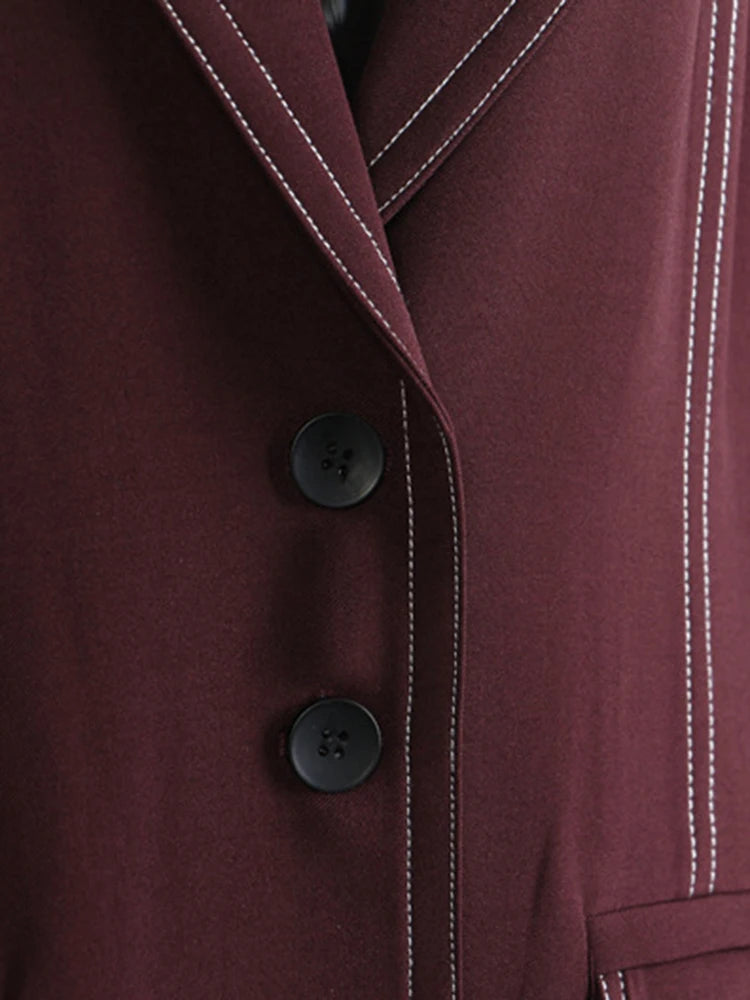 Women Wine Red Topstitched Big Size Long Blazer New Lapel Long Sleeve Jacket Fashion Tide Spring Autumn 2025 1DJ1287