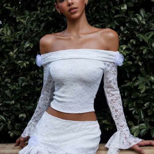 Load image into Gallery viewer, Sexy One Shoulder Long Sleeved Lace Patchwork Tight Women Suit Slim Top Short Skirt Two-piece Set Female Party Club Set
