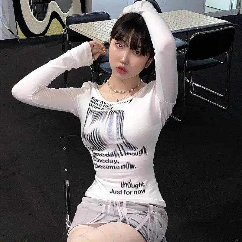 Grunge Print Long Sleeve T-shirt Korean Fashion Graphic T Shirts Y2k Aesthetics Kpop Tops Sexy Slim Tee Shirt Streetwear