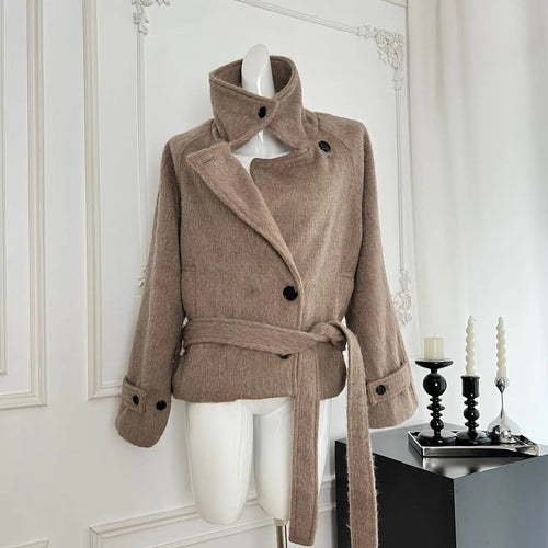 Load image into Gallery viewer, Korean Brown Vacation Loose Short Woolen Coat Women 2024 Autumn Winter Fashion Button Bandage Jacket Streetwear Casual Popular
