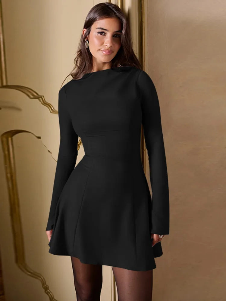 Long Sleeve High Waist Sexy Mini Dress For Women Autumn Winter New Solid O Neck Bodycon Club Party Dress Elegant