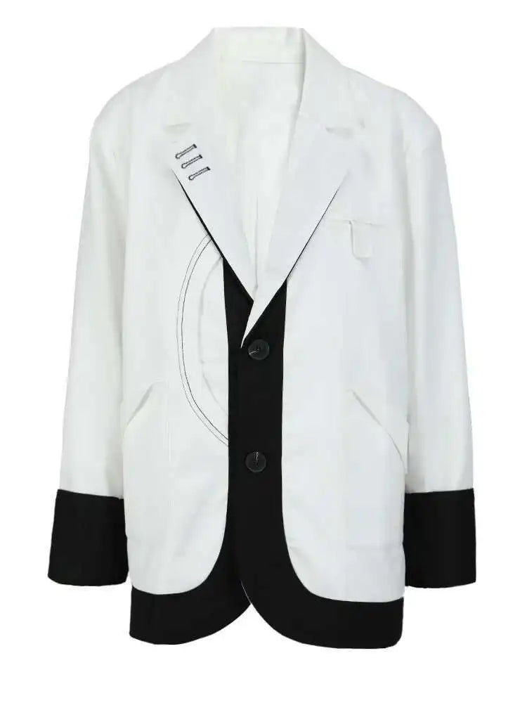 Women Black Coolor-block Big Size Casual Blazer New Lapel Long Sleeve Loose Jacket Fashion Tide Spring Autumn 2025 1DF6379