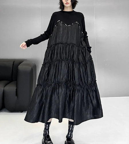 Women Black Knitting Beads Pleated Big Size Midi Dress New Round Neck Long Sleeve Fashion Tide Spring Autumn 2025 1DH9219