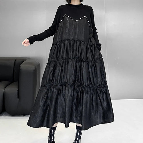 Load image into Gallery viewer, Women Black Knitting Beads Pleated Big Size Midi Dress New Round Neck Long Sleeve Fashion Tide Spring Autumn 2025 1DH9219
