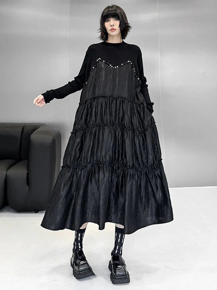 Women Black Knitting Beads Pleated Big Size Midi Dress New Round Neck Long Sleeve Fashion Tide Spring Autumn 2025 1DH9219