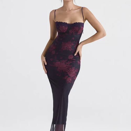 Load image into Gallery viewer, Purple Print Sexy Long Fishtail Dress For Women Robe 2023 New Spaghetti Strap Sleeveless Backless Ruched Maxi Dress
