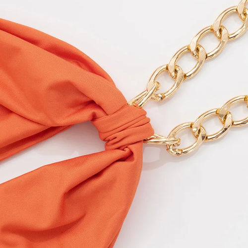 Load image into Gallery viewer, Metal Chain Halter Backless Sexy Maxi Dress Women Orange Off-shoulder Sleeveless Thigh High Split Club Long Dress
