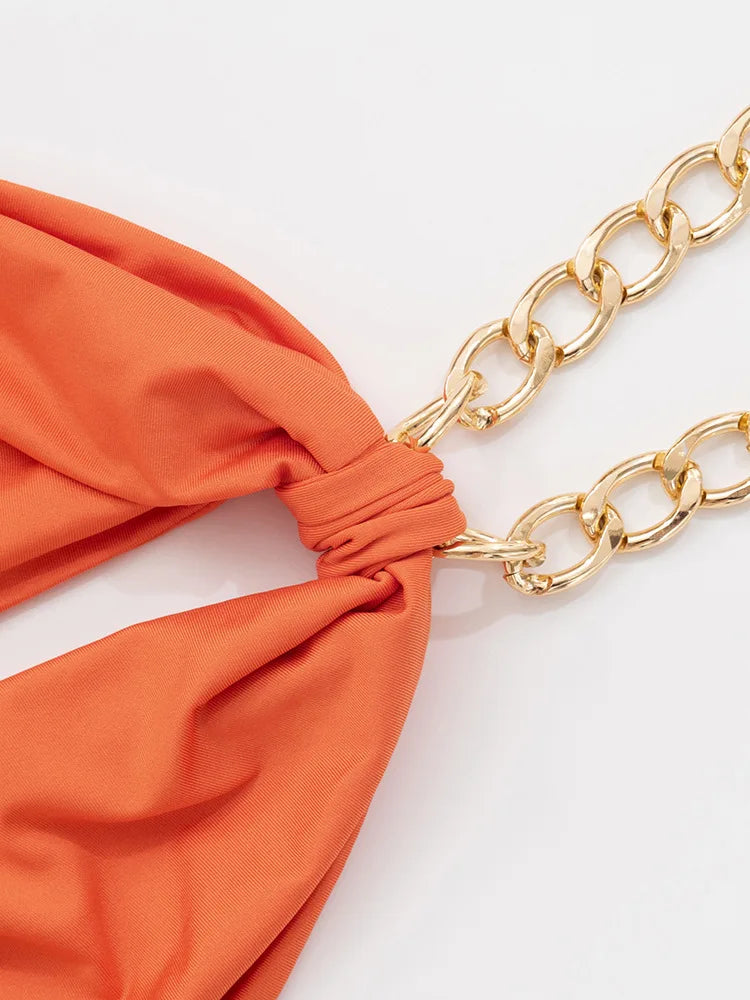 Metal Chain Halter Backless Sexy Maxi Dress Women Orange Off-shoulder Sleeveless Thigh High Split Club Long Dress