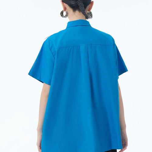 Load image into Gallery viewer, Women Blue Mesh Color-block Big Size Casual Blouse New Lapel Long Sleeve Shirt Fashion Tide Spring Autumn 2025 1DJ1248
