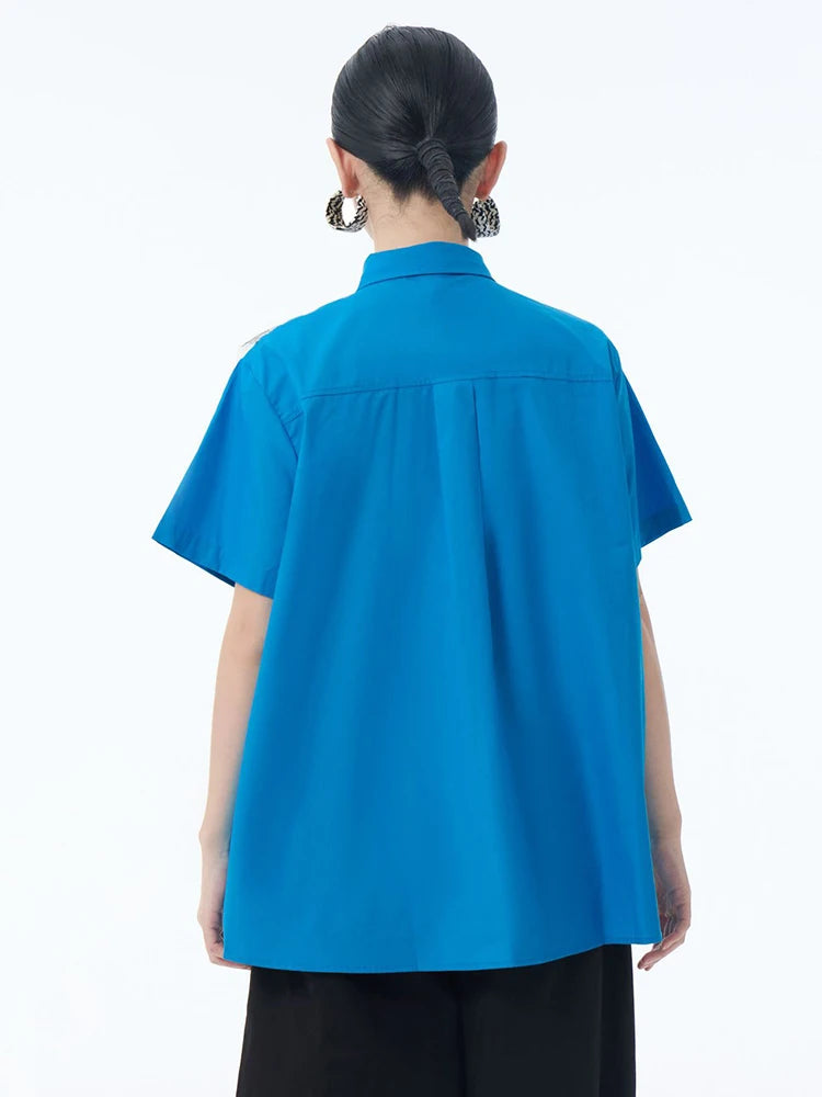 Women Blue Mesh Color-block Big Size Casual Blouse New Lapel Long Sleeve Shirt Fashion Tide Spring Autumn 2025 1DJ1248