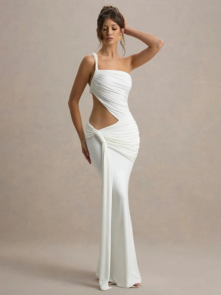 Irregular Ruched Sexy Maxi Dress For Women Gown Hollow Out One Shoulder Sleevelessdraped Bodycon Club Party Long Dress