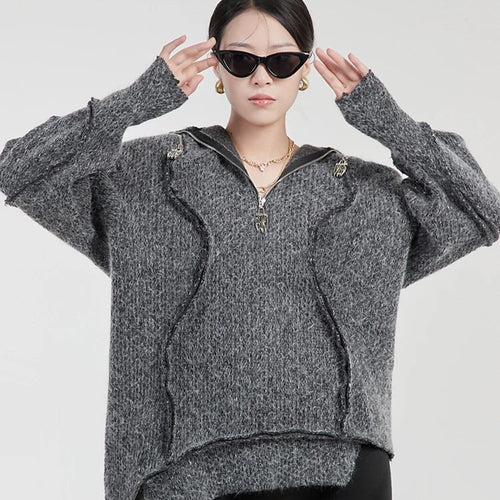 Load image into Gallery viewer, Cut Out Knitting Sweater For Women Turtleneck Long Sleeve Solid Patchwork Zipper Pullover Female Autumn Clothes
