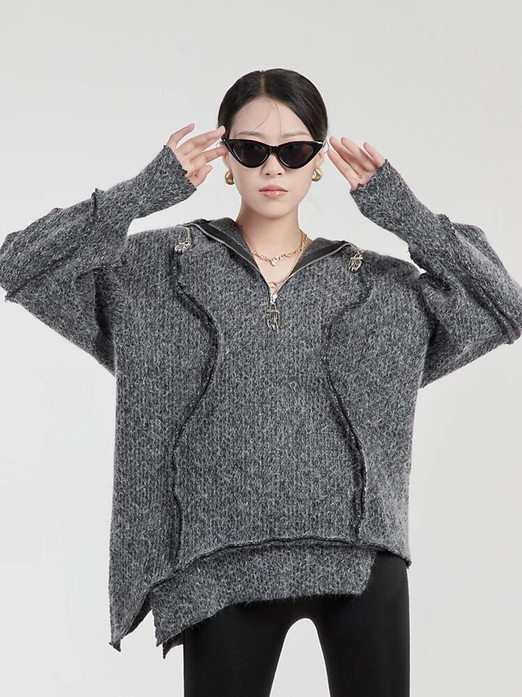 Cut Out Knitting Sweater For Women Turtleneck Long Sleeve Solid Patchwork Zipper Pullover Female Autumn Clothes