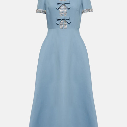 Load image into Gallery viewer, Solid Spliced Diamonds Slimming Dresses For Women O Neck Short Sleeve High Waist Temperament Dress Female Fashion
