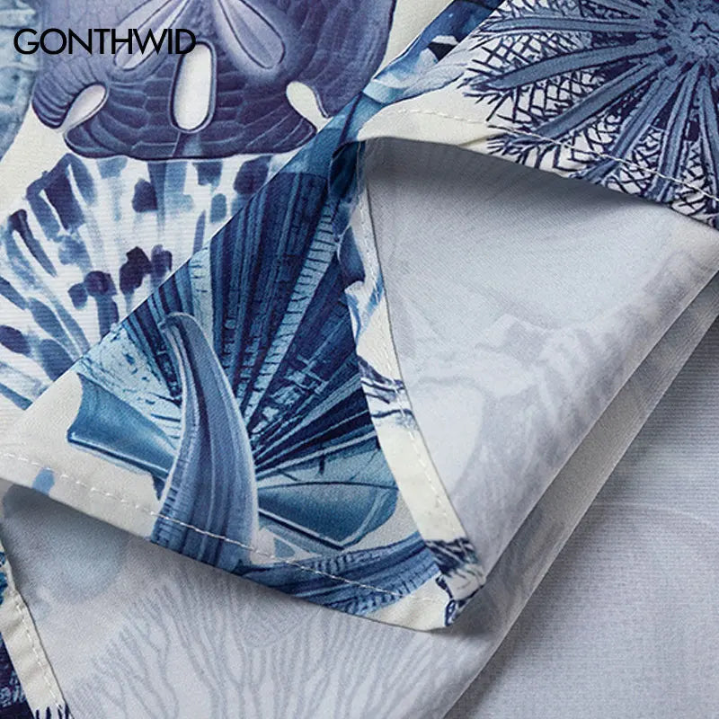 Harajuku Oversize Shirts Summer Retro Sea World Letter Graphic Print Button Up Blouse Streetwear Hip Hop Loose Short Sleeve Tops