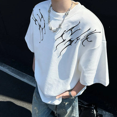 Load image into Gallery viewer, Men's T-shirts Short Sleeve New Krorean Fashion Embroidery Nail Pad Shoulder Decoration Tide Male Pullover Top 9W1664
