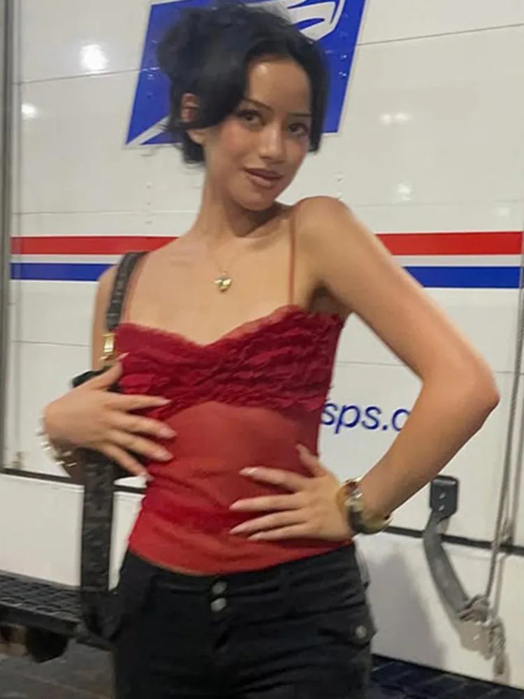 Spaghetti Strap Mesh Pleated Sexy Crop Tops Women Red Strapless Sleeveless Backless Skinny Club Tank Tops Clubwear
