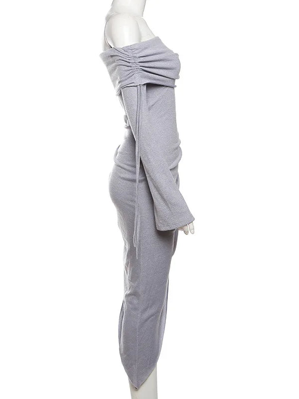 Elegant Winter New Women Fashion Long sleeved Dress One line Neck Drawstring Wrap Hip Vestidos Bodycon Party Evening