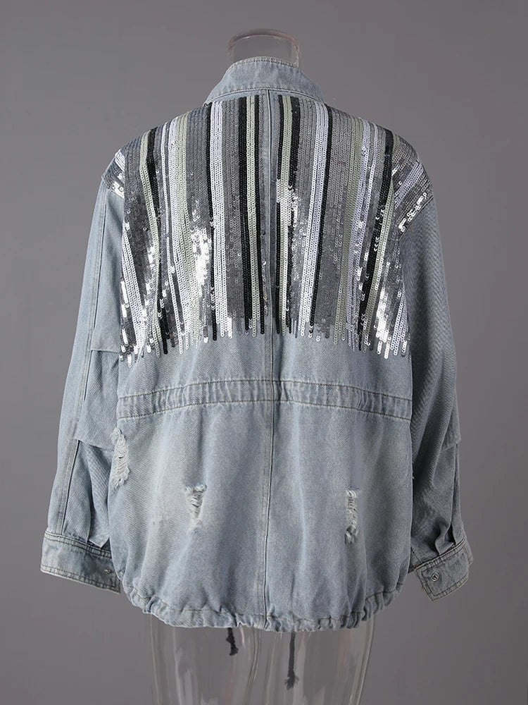 Blue Denim Sequins Drawstring Big Size Jacket New Stand Collar Long Sleeve Women Coat Fashion Spring Autumn 2025 29L8081