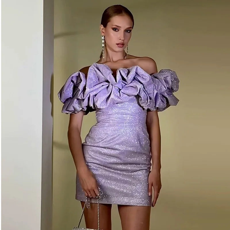 Sexy Off- Shoulder Sleeveless Sparkling Strapless Mini Dress Women Solid Fashion High Waist Birthday Party Dress New