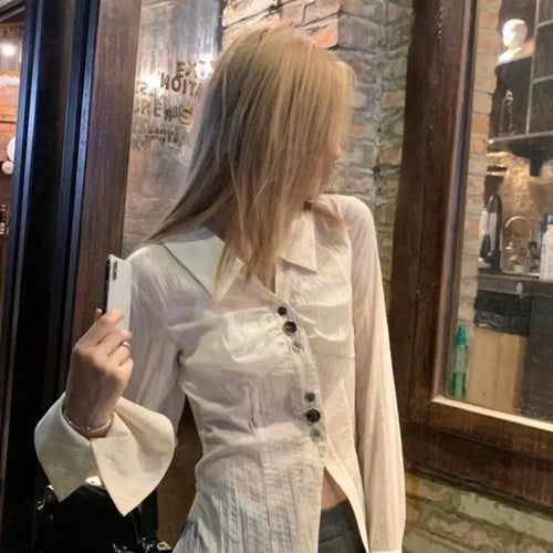 Load image into Gallery viewer, Y2k Aesthetic Pleated Flare Sleeve Women Blouse Sexy Single Breasted Slim Grunge Solid Shirt Harajuku Crop Streetwear Blusas
