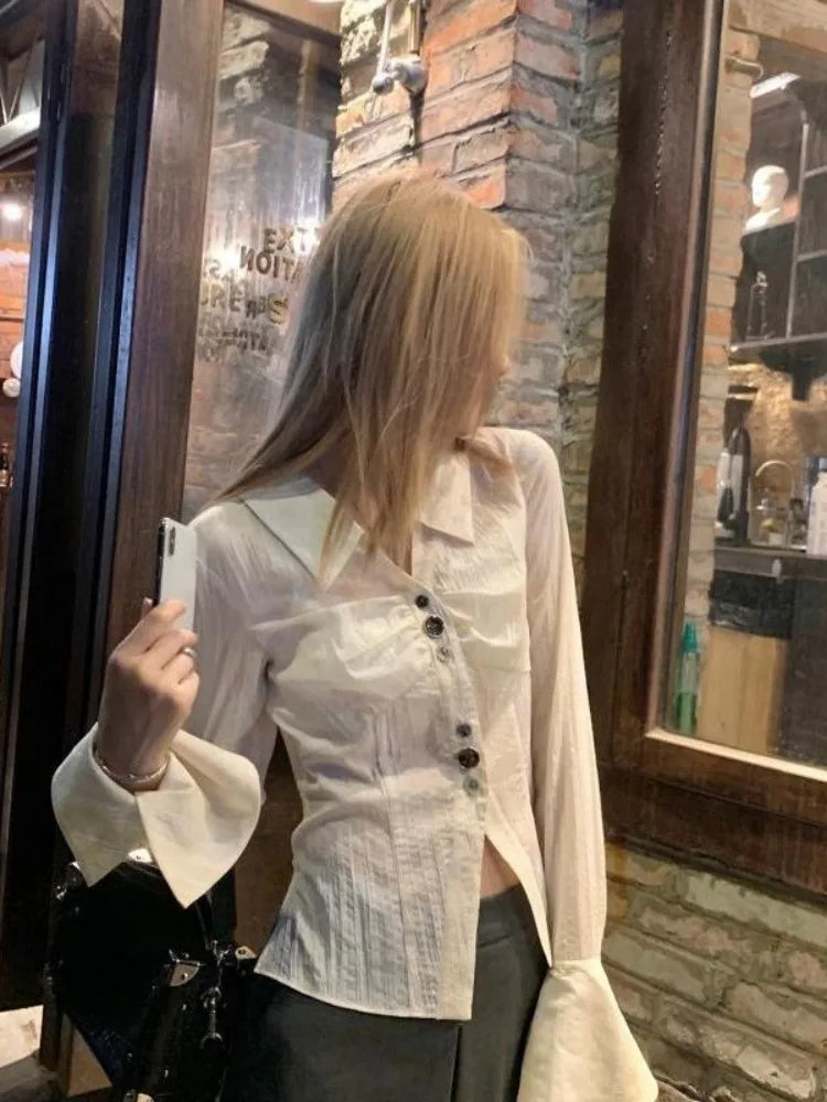 Y2k Aesthetic Pleated Flare Sleeve Women Blouse Sexy Single Breasted Slim Grunge Solid Shirt Harajuku Crop Streetwear Blusas