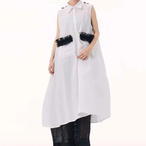 Load image into Gallery viewer, Women White Mesh Color-block Backless Big Size Shirt Dress New Lapel Sleeveless Fashion Tide Spring Summer 2025 1DH9518
