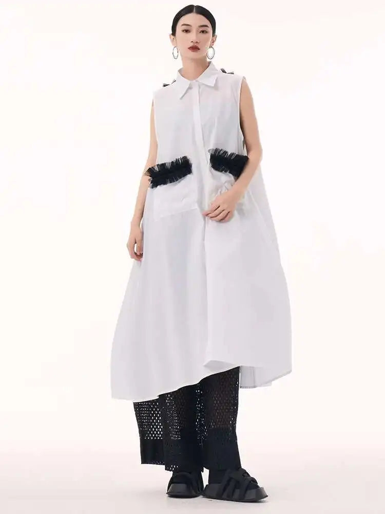 Women White Mesh Color-block Backless Big Size Shirt Dress New Lapel Sleeveless Fashion Tide Spring Summer 2025 1DH9518