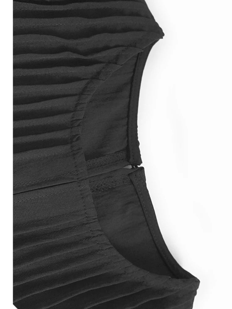 Women Black Pleated Brief Big Size Midi Dress New Round Neck Three-quarter Sleeve Fashion Spring Autumn 2025   1DJ0716