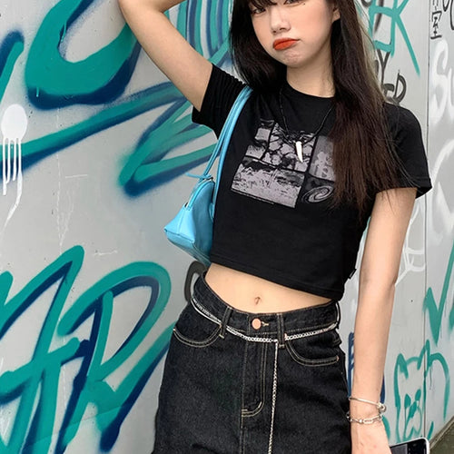 Load image into Gallery viewer, 90s Black Gothic Harajuku Vintage Grunge Graphic Slim Fit Short Crop Top Women's Streetwear Sexy Summer Y2K Punk Casual T-Shirt
