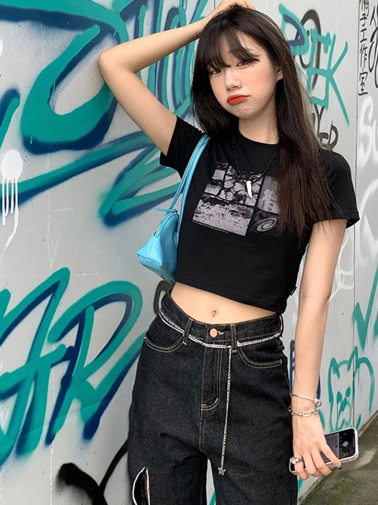 90s Black Gothic Harajuku Vintage Grunge Graphic Slim Fit Short Crop Top Women's Streetwear Sexy Summer Y2K Punk Casual T-Shirt