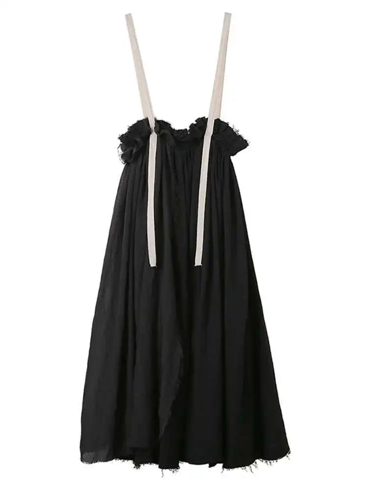 High Elastic Waist Black Linen Color-block A-line Strap Half-body Skirt Women Fashion Tide New Spring Autumn 2025 LA923