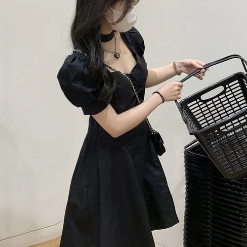 Load image into Gallery viewer, Sweet Kawaii Black Mini Dress Women Korean Style Wrap Puff Sleeve Short Dresses Summer Sundress Robes Female

