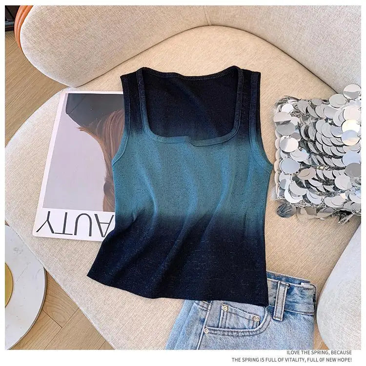 Korean Vintage Elegant Square-neck Gradient Knit Vest Summer Casual Sleeveless Short Tank Tops Women's Holiday Clothing Vestidos