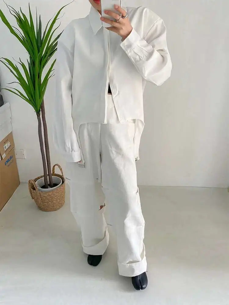 Women White Shoulder Padded Irregular Big Size Blouse New Lapel Long Sleeve Shirt Fashion Tide Spring Autumn 2025 1DF1466