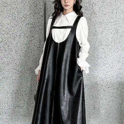 Load image into Gallery viewer, Women Black Big Size PU Leather Zipper Strap Dress New Square Collar Sleeveless Fashion Tide Spring Autumn 2025 1DH4461
