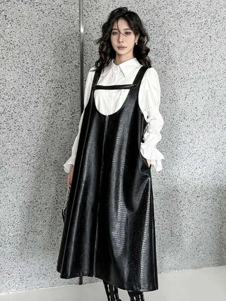 Women Black Big Size PU Leather Zipper Strap Dress New Square Collar Sleeveless Fashion Tide Spring Autumn 2025 1DH4461