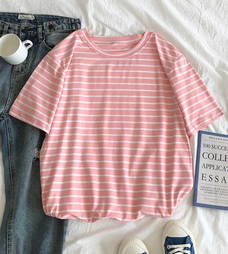 Harajuku Short Sleeve Korean O-Neck Casual Fashion Shirt Camiseta Feminina Tops T Shirt Women Solid Color Striped Punk T-shirt
