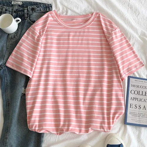 Load image into Gallery viewer, Harajuku Short Sleeve Korean O-Neck Casual Fashion Shirt Camiseta Feminina Tops T Shirt Women Solid Color Striped Punk T-shirt
