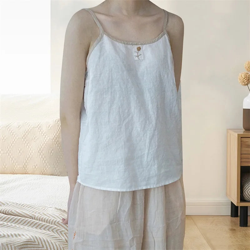 y2k Cami Tops Women Summer Clothes Floral Embroidery Spaghetti Strap Sleeveless Cotton Linen T Shirts 2000s Clothing